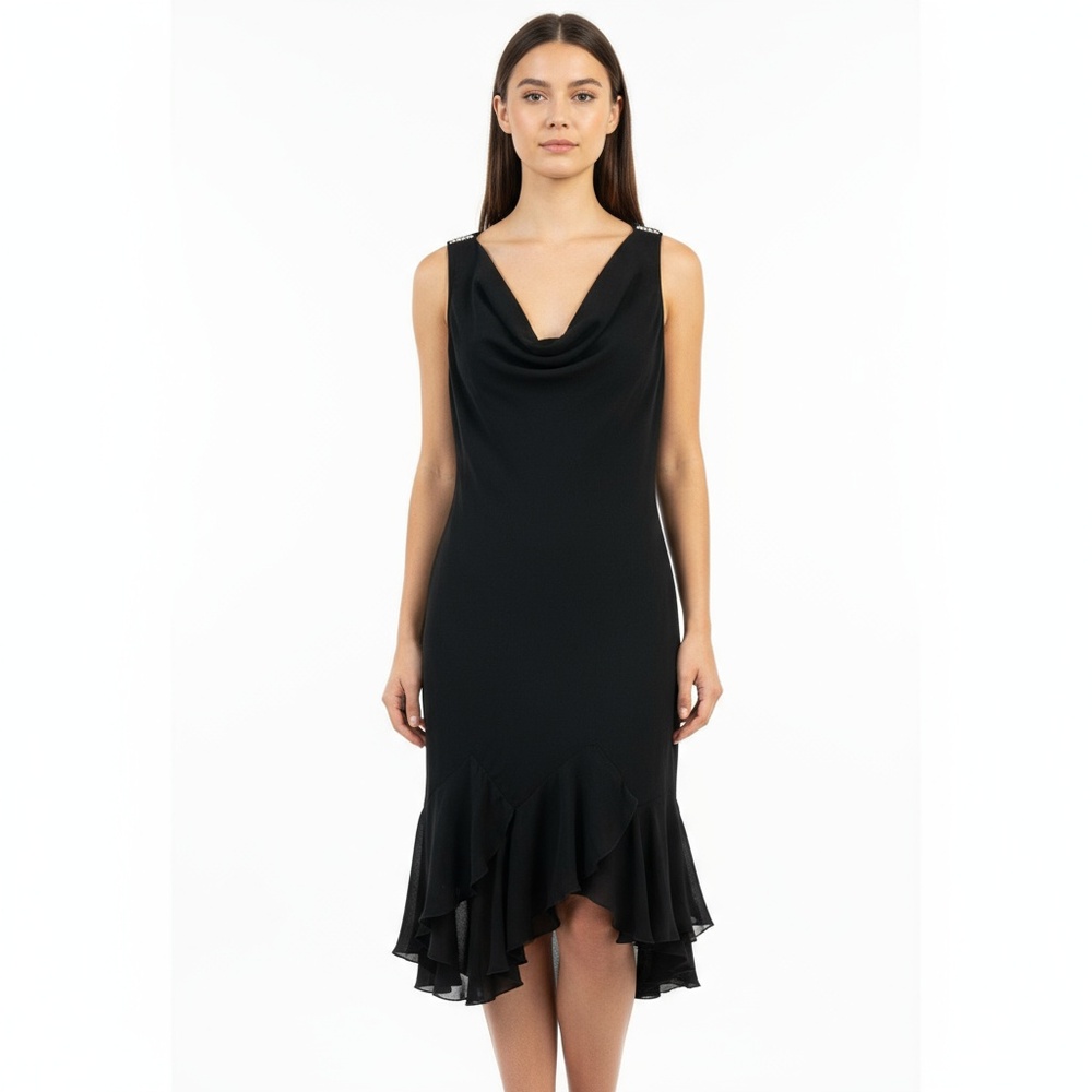 S.L. Fashions Black Cocktail Dress 6 Cowl Neck Embellished Ruffle‎ Hem LBD